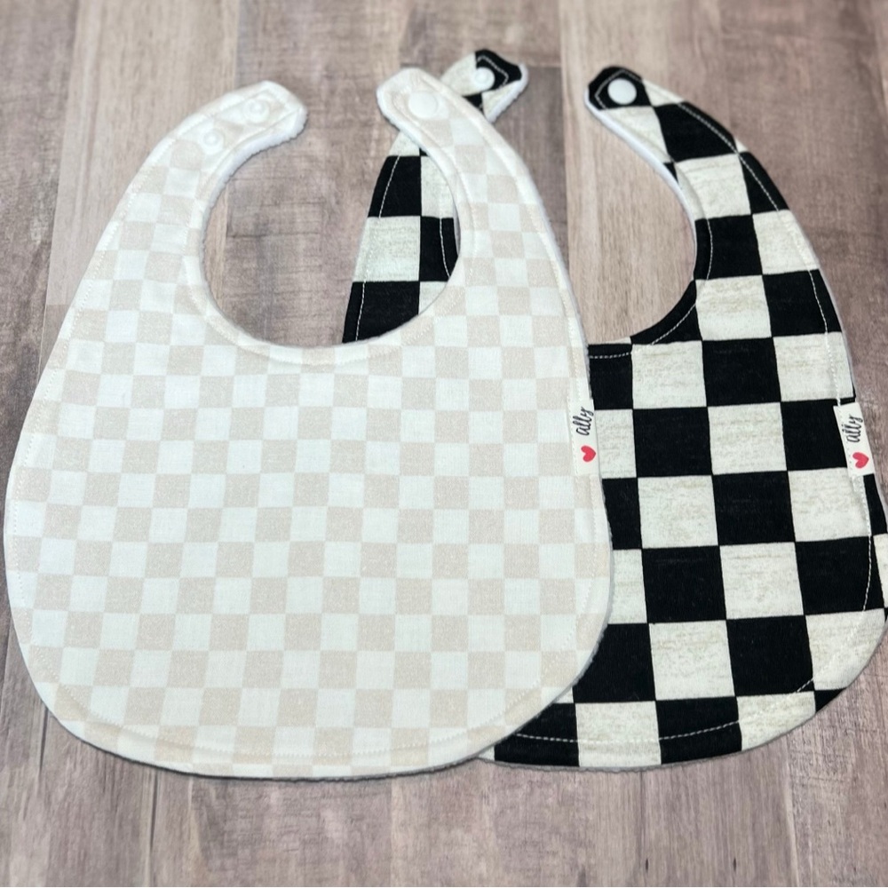 Checkerboard tan white black baby bibs, gender neutral gift Handmade NEW 2pc